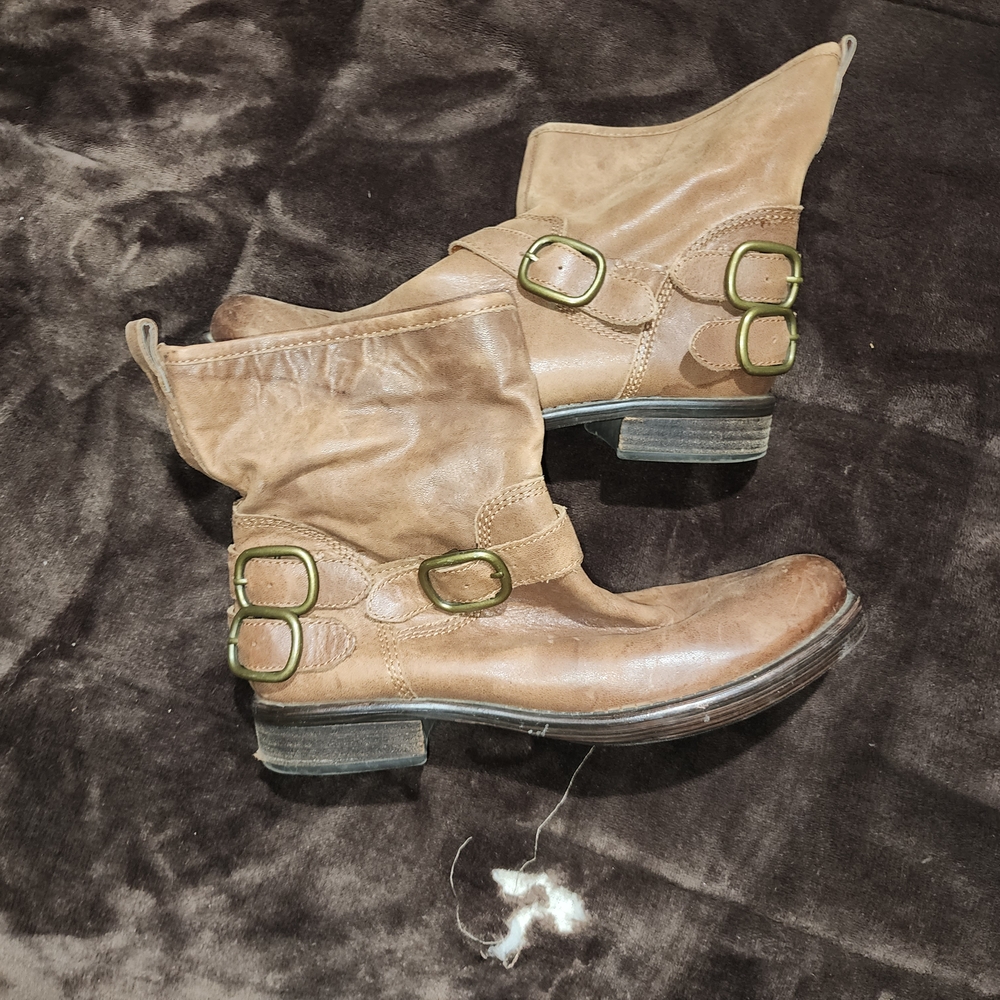 Buckle Tan Leather Ankle Boots
